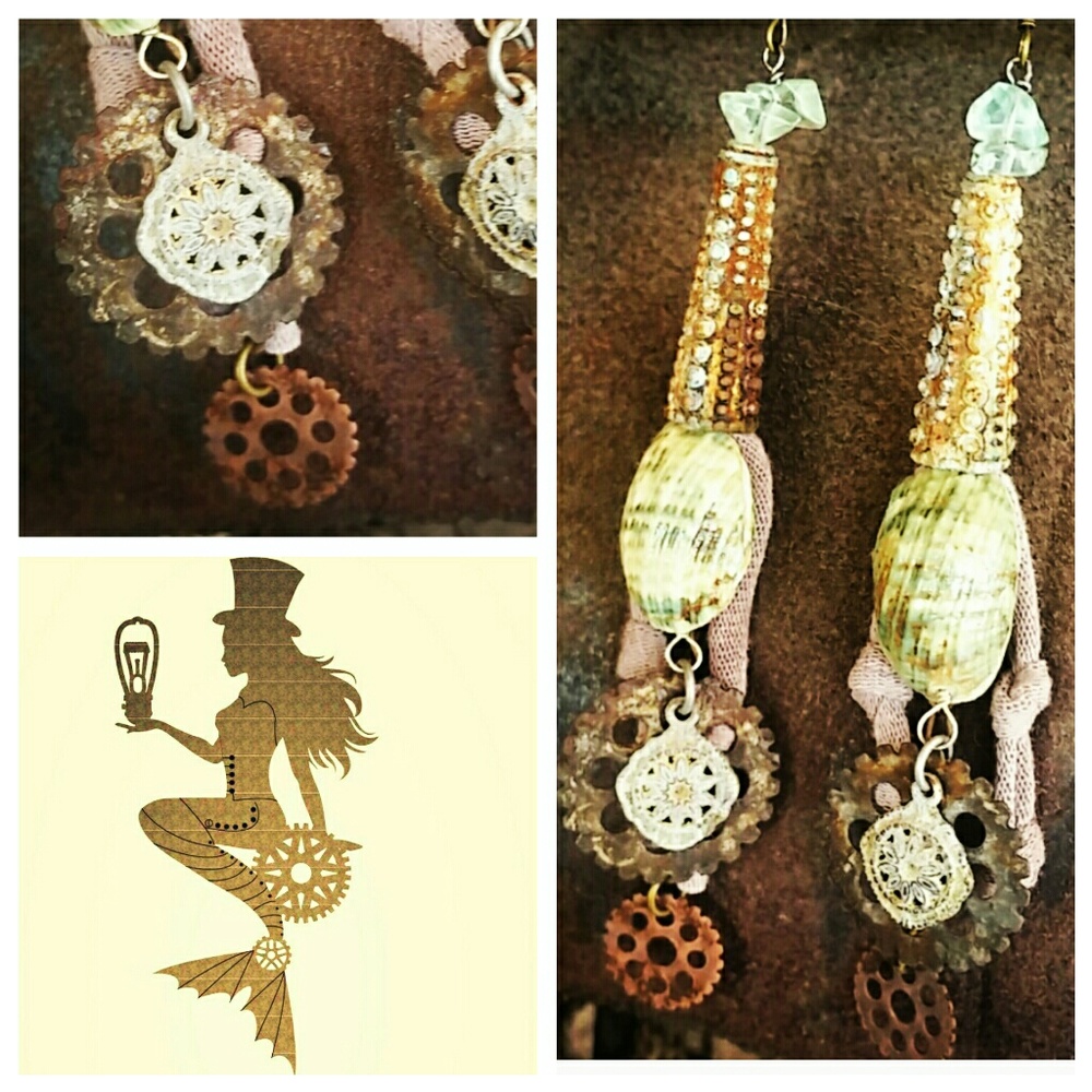 STEAMPUNK AQUAMARINE SEASHELL EARRINGS